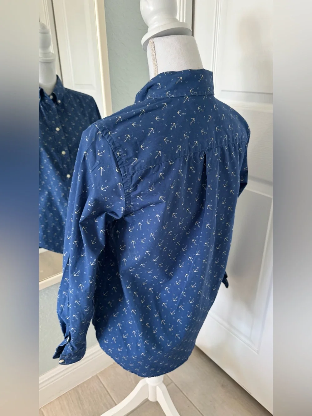 Ralph Lauren Blue Anchor Print Button Down Shirt Boys L 14-16 Women XS S